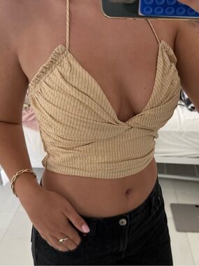 Zara Cream Pinstripe Ruched Spaghetti-Strap Crop Top